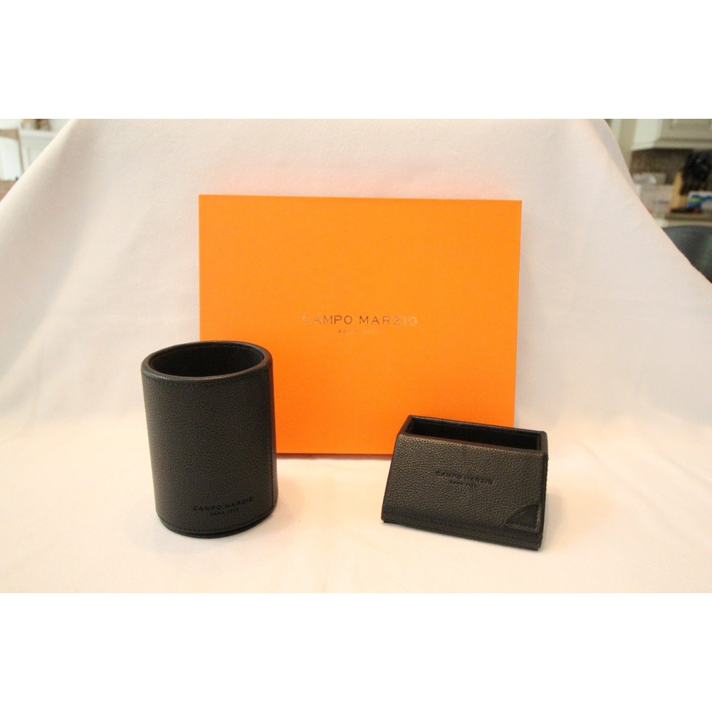 Campo Marzio Leather Business Card Display and Pen Cup Set - Black